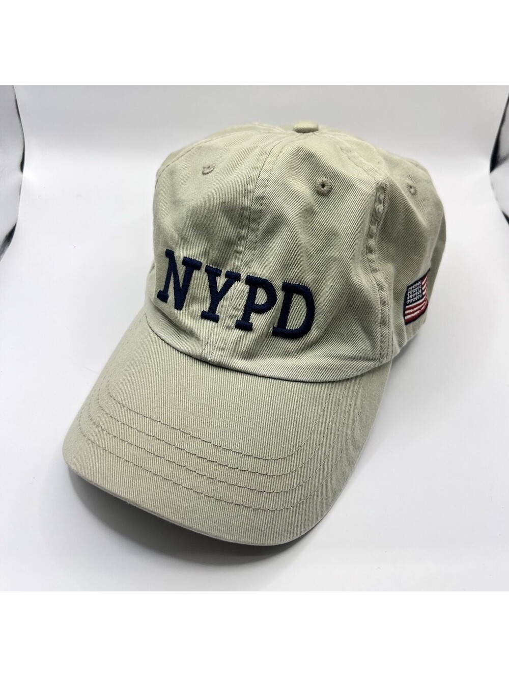 NYPD New York Police Dept Navy Embroidered Beige Khaki Dad Hat Cap US Flag